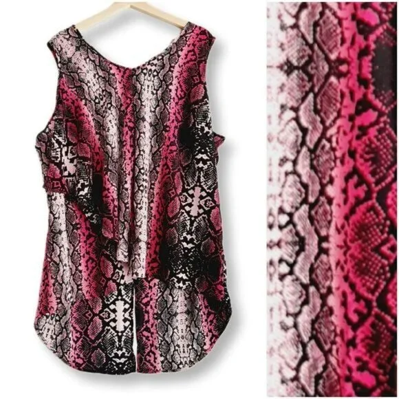 PENNINGTONS Asymmetric Sleeveless High Low Hem Top Pink Snake Print Sz 2X - Picture 1 of 10